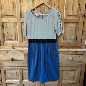 Phoebe Couture 6‎ Dress Striped Chambray Pockets Button Detail